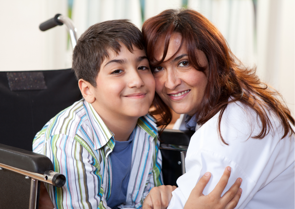 Latino mother and son smiling and hugging